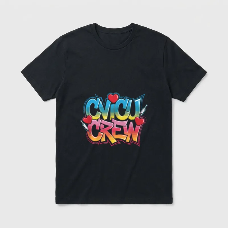 CVICU Nurse Crew T-Shirt – Graffiti lettering reading CVICU CREW with hearts and syringes – Classic T-Shirt in Black