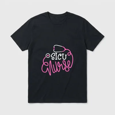 SICU Nurse T-Shirt – Stethoscope graphic with white SICU text and pink cursive nurse – Classic T-Shirt in Black