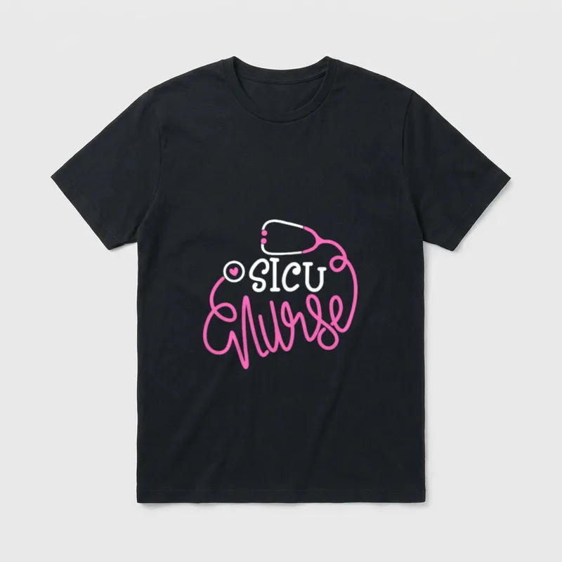 SICU Nurse T-Shirt – Stethoscope graphic with white SICU text and pink cursive nurse – Classic T-Shirt in Black