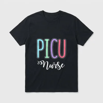 PICU Nurse Pediatric ICU ICU Nurses T-Shirt – Pastel PICU lettering above white script Nurse – Classic T-Shirt in Black