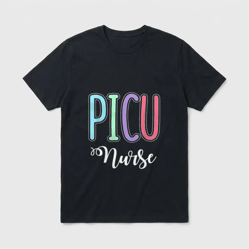 PICU Nurse Pediatric ICU ICU Nurses T-Shirt – Pastel PICU lettering above white script Nurse – Classic T-Shirt in Black