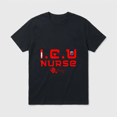 Intensive Care Unit RN Nurse T-Shirt – Printed red “I.C.U. NURSE” text with syringe and blood bag – Classic T-Shirt in Black