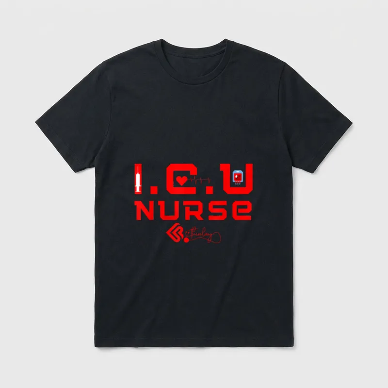 Intensive Care Unit RN Nurse T-Shirt – Printed red “I.C.U. NURSE” text with syringe and blood bag – Classic T-Shirt in Black