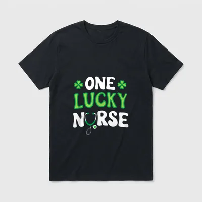 One Lucky Nurse St Day T-Shirt – ONE LUCKY NURSE lettering with clover accents and stethoscope – Classic T-Shirt in Black