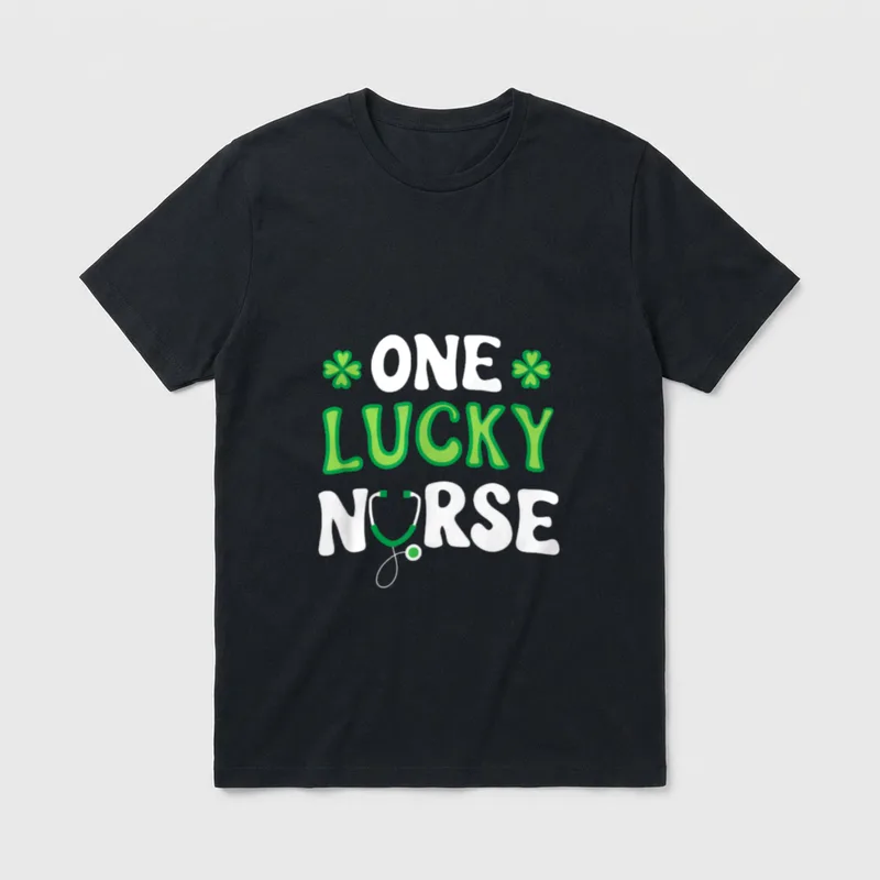 One Lucky Nurse St Day T-Shirt – ONE LUCKY NURSE lettering with clover accents and stethoscope – Classic T-Shirt in Black