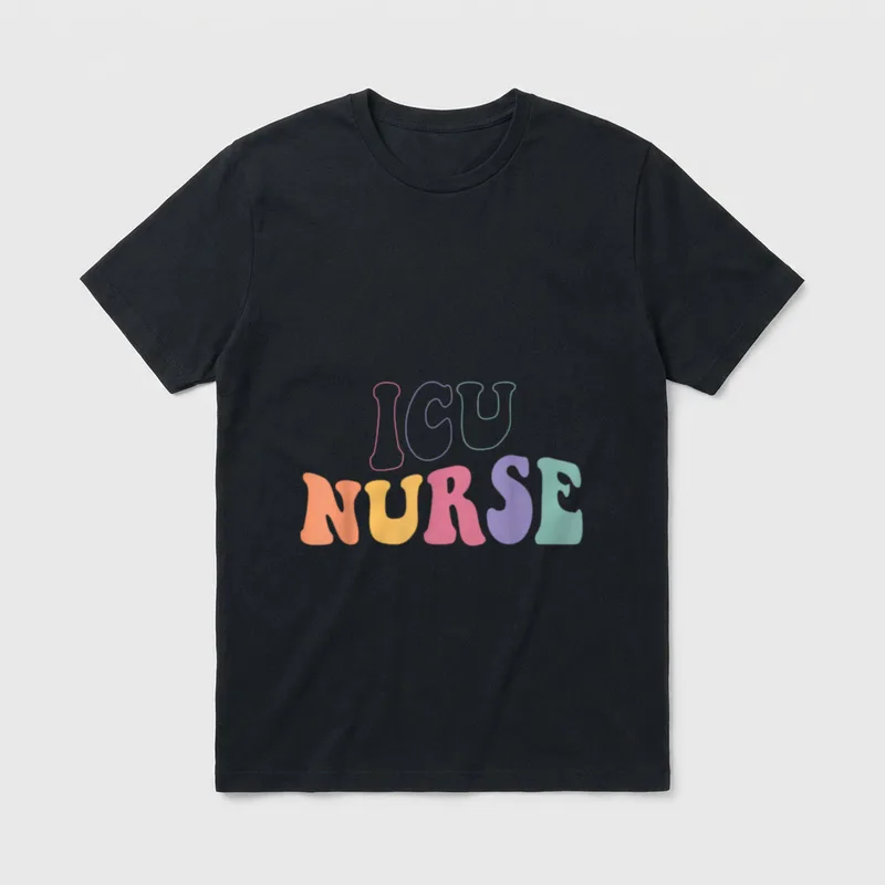 ICU Nurse Groovy Intensive Care Nursing T-Shirt – “ICU NURSE” in colorful retro bubble letters – Classic T-Shirt in Black