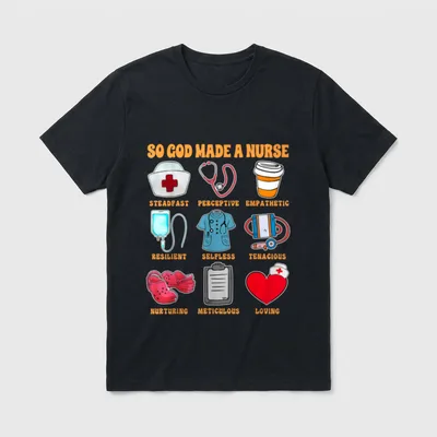 Christian RN Nurse Life Nursing ER T-Shirt – So God Made a Nurse with hospital icons and traits – Classic T-Shirt in Black