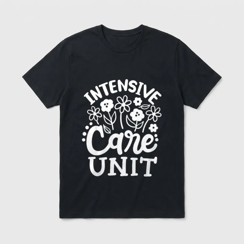 Intensive Care Unit Nurse ICU Double-needle T-Shirt – “INTENSIVE Care UNIT” with flowers – Classic T-Shirt in Black