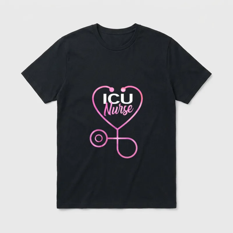 ICU Nurse Favorite Dedication T-Shirt – Pink stethoscope heart encircling ICU Nurse – Classic T-Shirt in Black