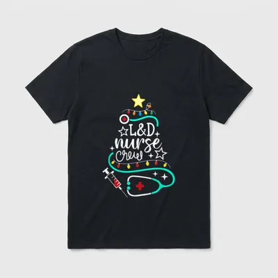 L D Nurse Crew Merry Christmas T-Shirt – L&D nurse crew lettering with stethoscope Christmas tree – Classic T-Shirt in Black