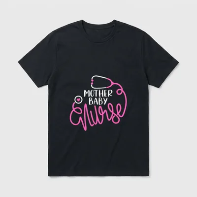 Mother Baby Nurse T-Shirt – Stethoscope forming the word Nurse beneath Mother Baby text – Classic T-Shirt in Black
