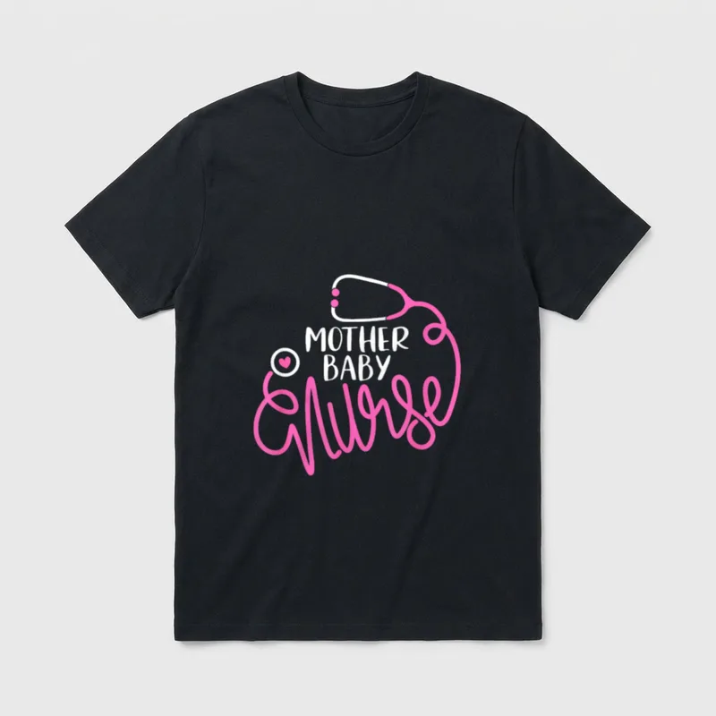 Mother Baby Nurse T-Shirt – Stethoscope forming the word Nurse beneath Mother Baby text – Classic T-Shirt in Black