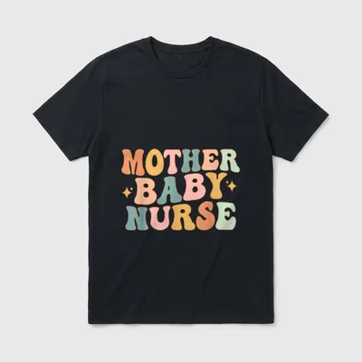 Retro Mother Baby Nurse T-Shirt – MOTHER BABY NURSE in colorful retro lettering with stars – Classic T-Shirt in Black