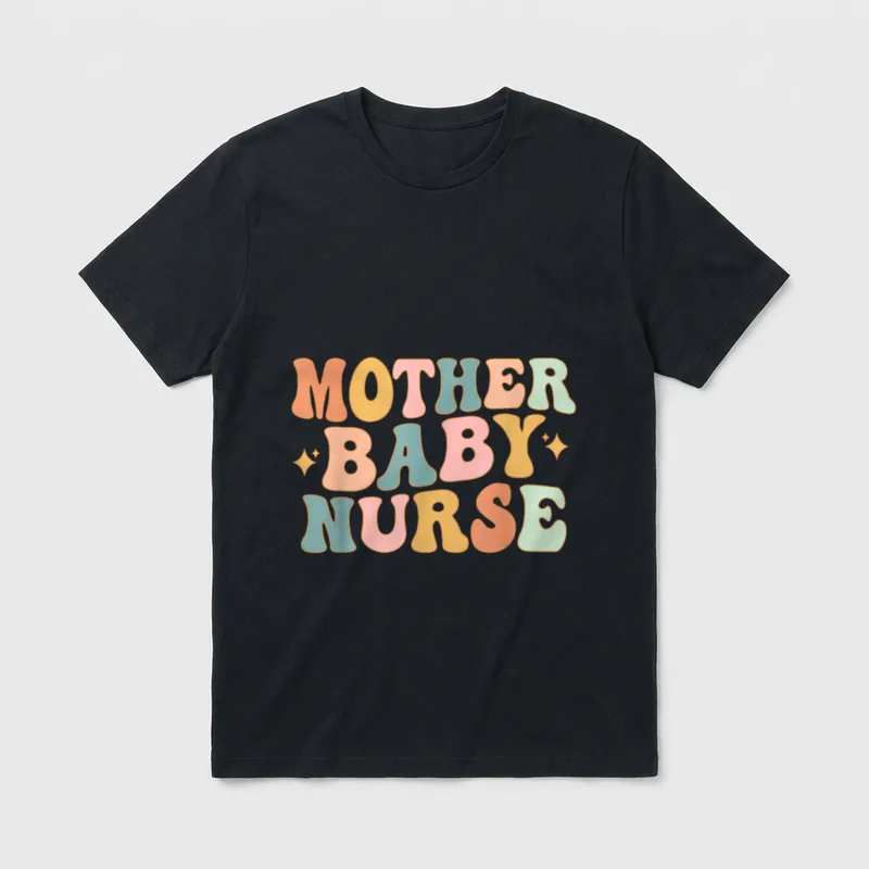 Retro Mother Baby Nurse T-Shirt – MOTHER BABY NURSE in colorful retro lettering with stars – Classic T-Shirt in Black