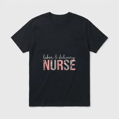 L D Nurse T-Shirt – Cursive labor & delivery text above marbled NURSE letters – Classic T-Shirt in Black