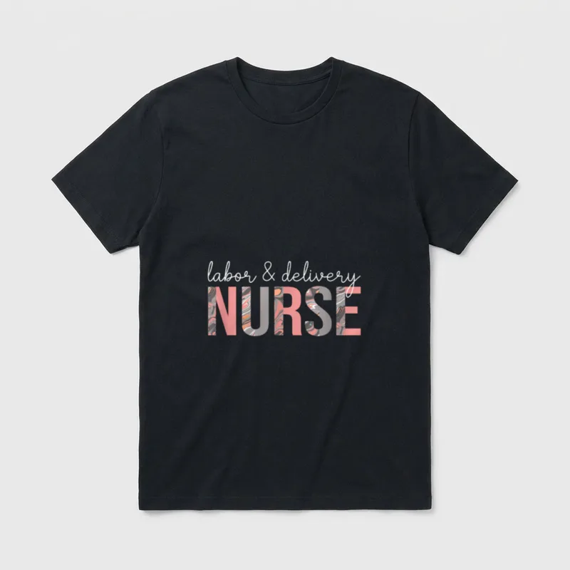 L D Nurse T-Shirt – Cursive labor & delivery text above marbled NURSE letters – Classic T-Shirt in Black