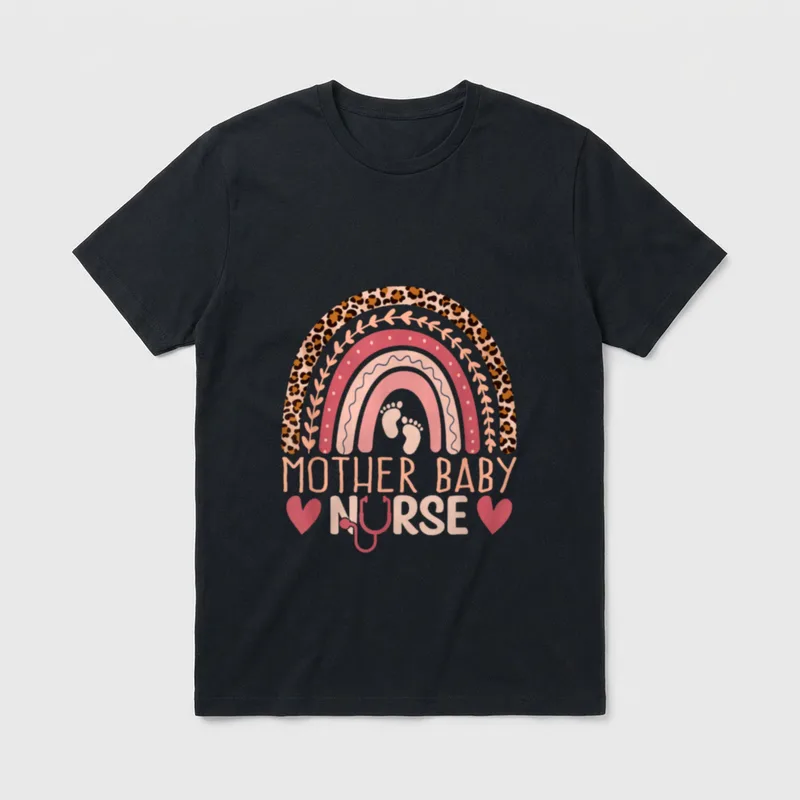 Mother Baby Nurse Rainbow Leopard Postpartum T-Shirt – Classic T-Shirt in Black