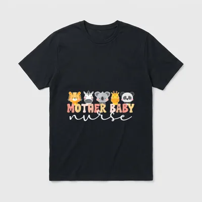 Mother Baby Nurse Boho Postpartum Mom T-Shirt – Baby animals with MOTHER BABY nurse lettering – Classic T-Shirt in Black