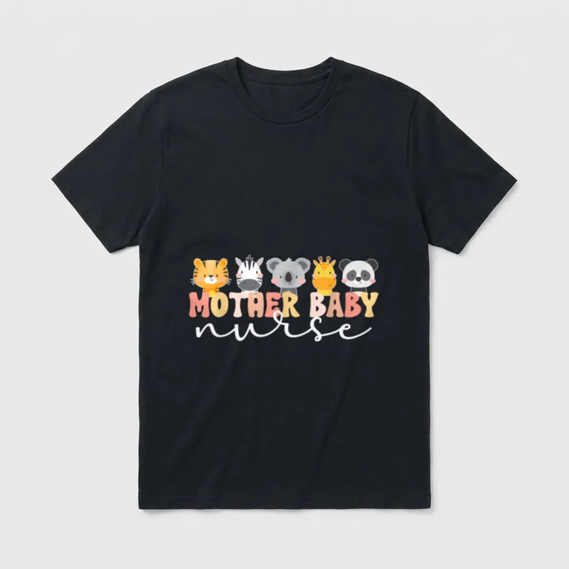 Mother Baby Nurse Boho Postpartum Mom T-Shirt – Baby animals with MOTHER BABY nurse lettering – Classic T-Shirt in Black