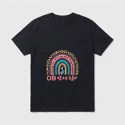 Obstetrics OB Gyn T-Shirt – Patterned rainbow arch with baby footprints and OB nurse text – Classic T-Shirt in Black