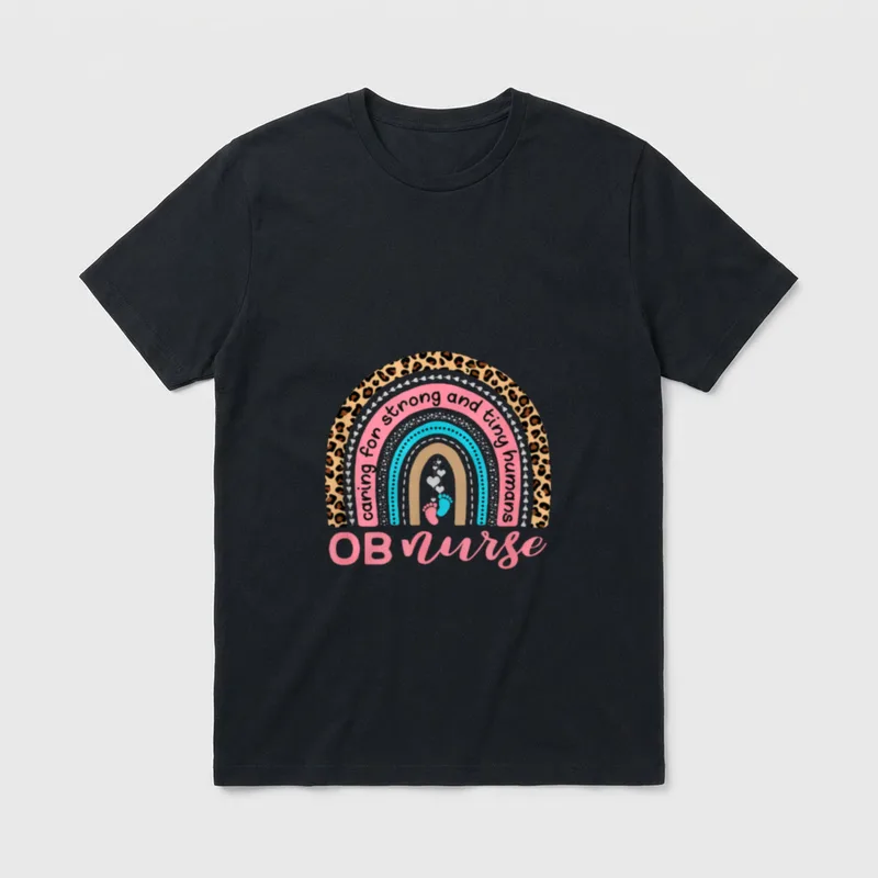 Obstetrics OB Gyn T-Shirt – Patterned rainbow arch with baby footprints and OB nurse text – Classic T-Shirt in Black