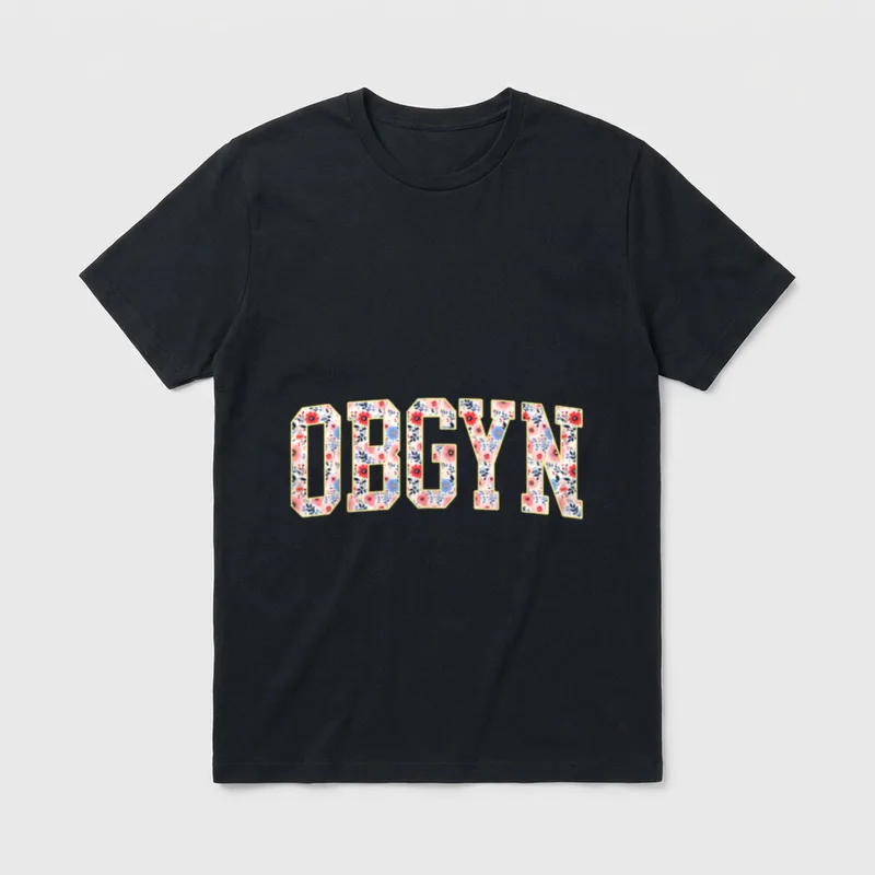 Labor and Delivery Nurse OB-GYN Squad T-Shirt – Floral collegiate lettering spelling OBGYN – Classic T-Shirt in Black