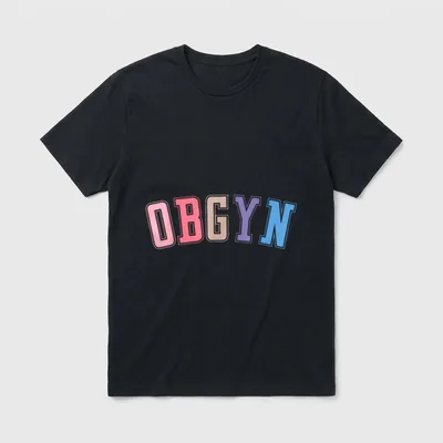 OBGYN Labor and Delivery Nurse T-Shirt – Arched OBGYN text in pastel collegiate varsity letters – Classic T-Shirt in Black
