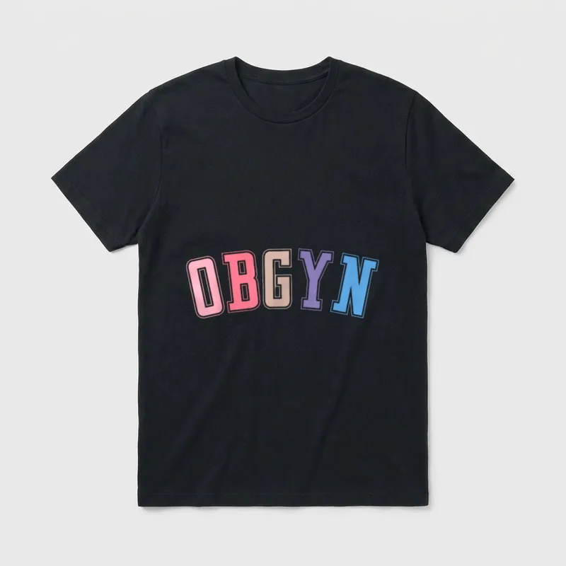 OBGYN Labor and Delivery Nurse T-Shirt – Arched OBGYN text in pastel collegiate varsity letters – Classic T-Shirt in Black