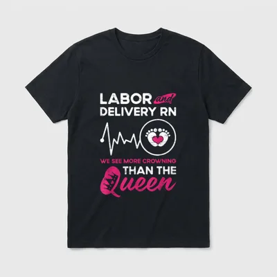 L D Labor and Delivery RN T-Shirt – Baby footprints, heartbeat line, and crowning pun lettering – Classic T-Shirt in Black