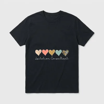 Valentine's Day Nursing T-Shirt – Five hearts with leopard print and Lactation Consultant script – Classic T-Shirt in Black
