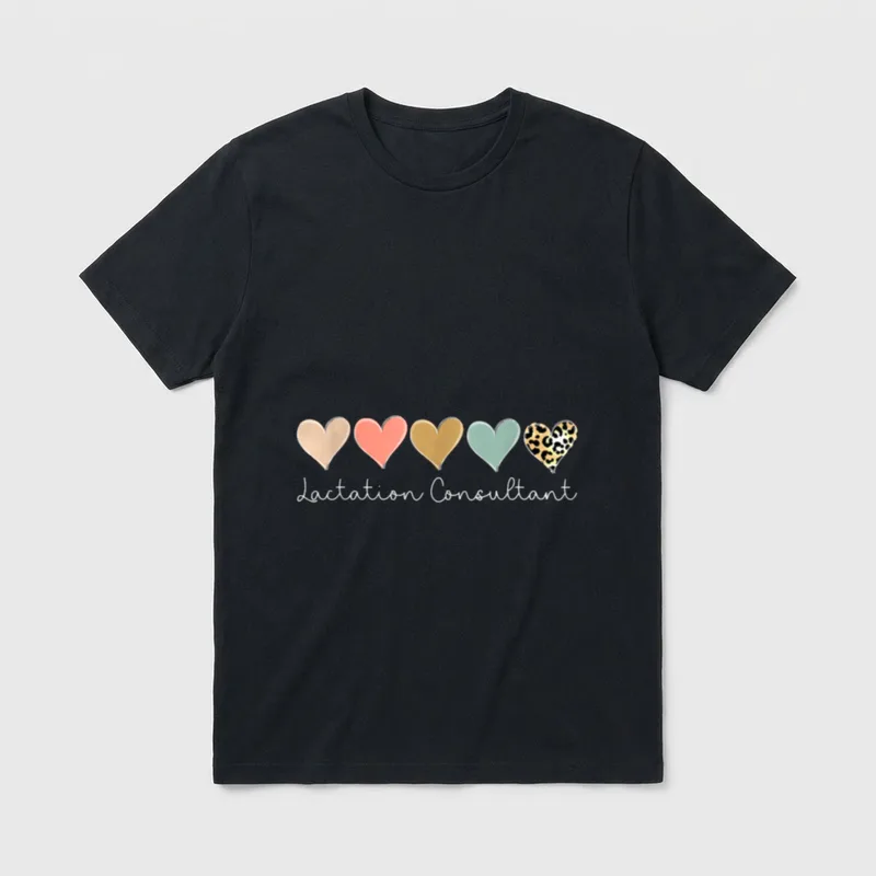 Valentine's Day Nursing T-Shirt – Five hearts with leopard print and Lactation Consultant script – Classic T-Shirt in Black