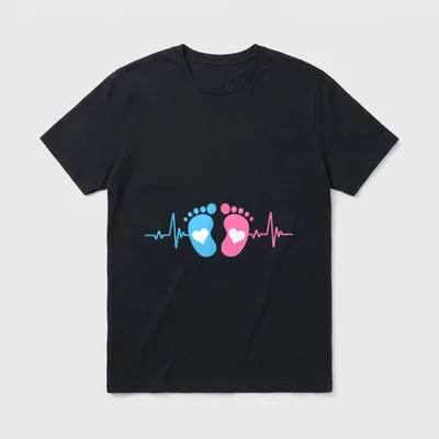 Labor and Delivery L D Baby T-Shirt – Pink and blue baby footprints with hearts on a pulse line – Classic T-Shirt in Black