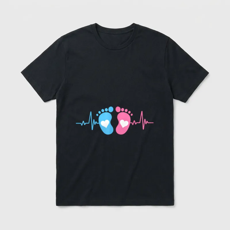 Labor and Delivery L D Baby T-Shirt – Pink and blue baby footprints with hearts on a pulse line – Classic T-Shirt in Black