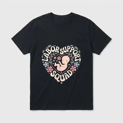 Midwife Doula Labor and Delivery Nurse T-Shirt – LABOR SUPPORT SQUAD printed across a floral heart – Classic T-Shirt in Black