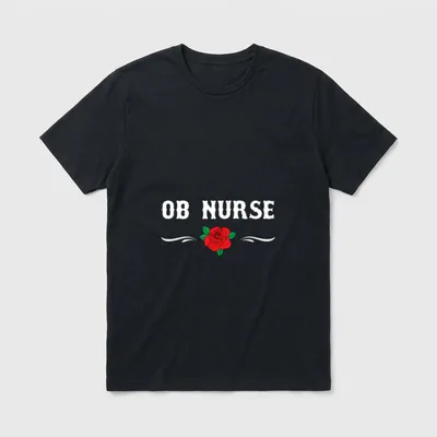 OB Nurse T-Shirt – OB NURSE lettering above a red rose with curved white flourishes – Classic T-Shirt in Black