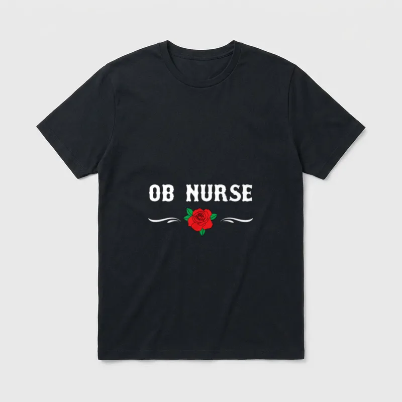 OB Nurse T-Shirt – OB NURSE lettering above a red rose with curved white flourishes – Classic T-Shirt in Black