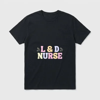 Labor Delivery Nurse Retro T-Shirt – Pastel L&D Nurse lettering flanked by small decorative stars – Classic T-Shirt in Black