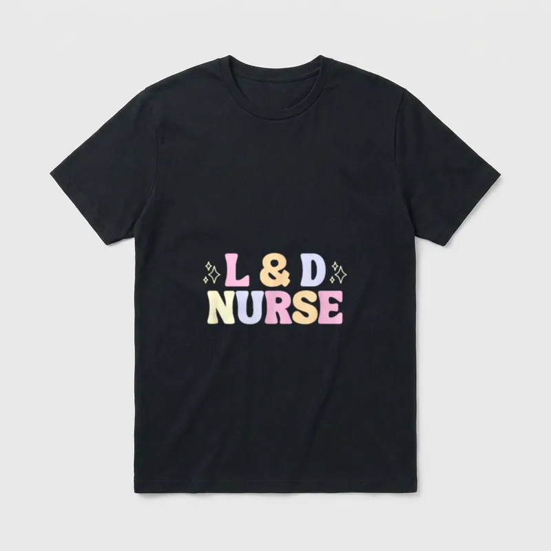 Labor Delivery Nurse Retro T-Shirt – Pastel L&D Nurse lettering flanked by small decorative stars – Classic T-Shirt in Black