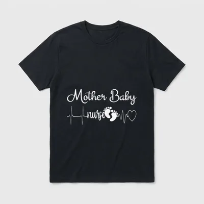Mom Baby Postpartum Nursing T-Shirt – Mother Baby nurse with heartbeat line and footprints – Classic T-Shirt in Black