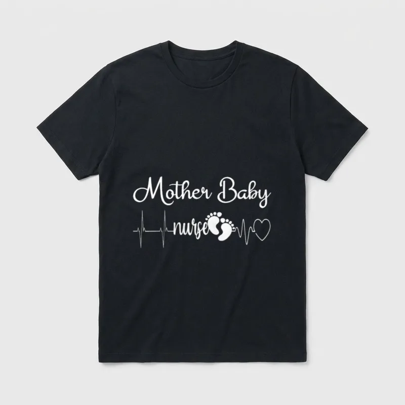 Mom Baby Postpartum Nursing T-Shirt – Mother Baby nurse with heartbeat line and footprints – Classic T-Shirt in Black