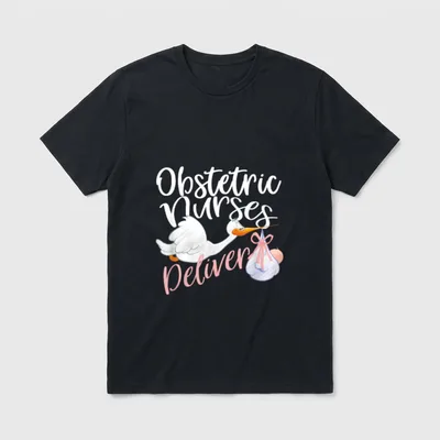 Obstetric Nurses Deliver T-Shirt – Flying stork carrying a newborn bundle with cursive lettering – Classic T-Shirt in Black