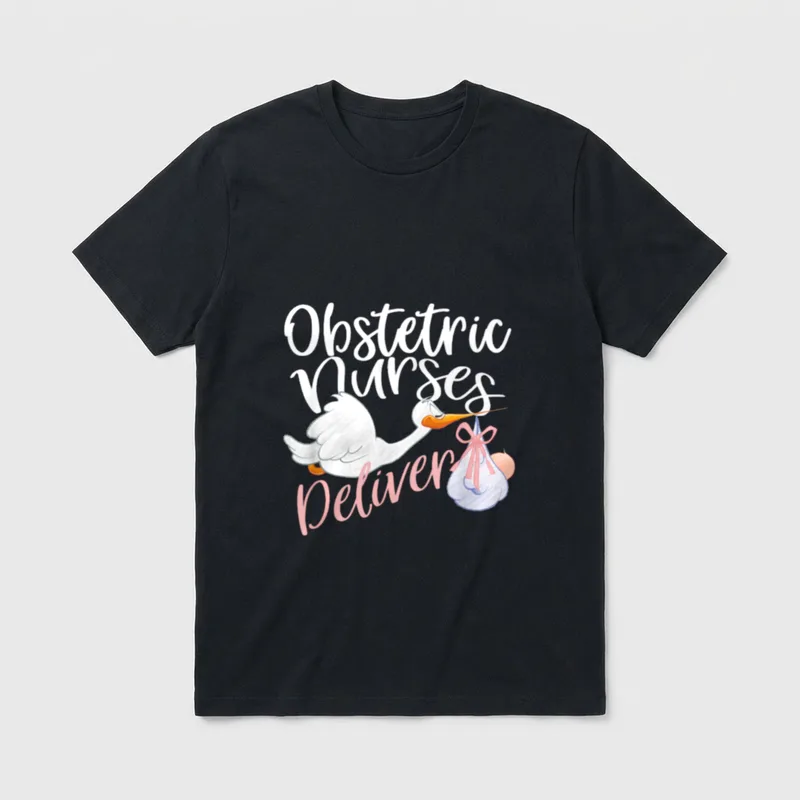 Obstetric Nurses Deliver T-Shirt – Flying stork carrying a newborn bundle with cursive lettering – Classic T-Shirt in Black