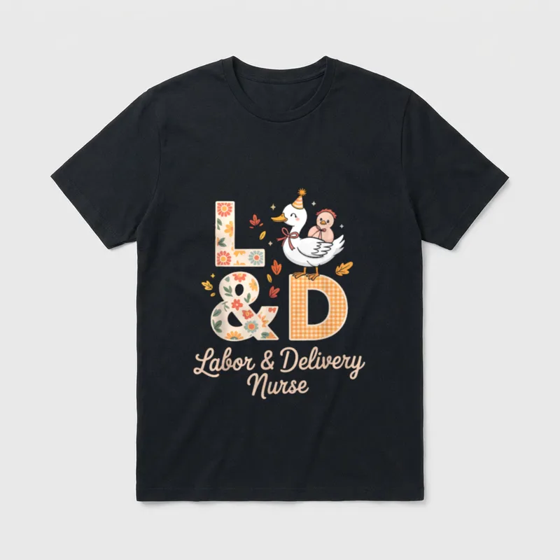 Labor and Delivery Nurse Spring L T-Shirt – L & D Labor & Delivery Nurse with duck and duckling – Classic T-Shirt in Black