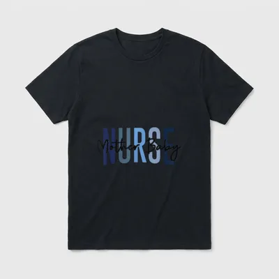 Mother Baby Nurse Postpartum Mum T-Shirt – Mother Baby in script over blue block letter NURSE – Classic T-Shirt in Black