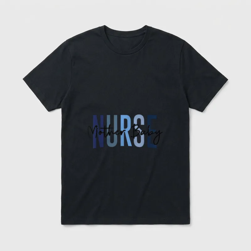 Mother Baby Nurse Postpartum Mum T-Shirt – Mother Baby in script over blue block letter NURSE – Classic T-Shirt in Black