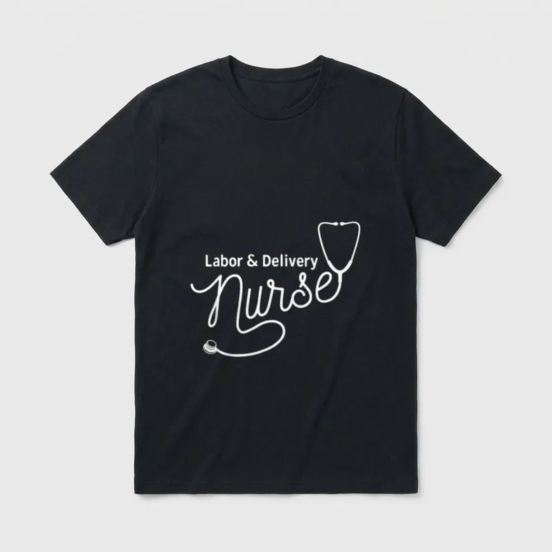 Labor and Delivery Nurse L T-Shirt – Labor & Delivery Nurse lettering with a stethoscope graphic – Classic T-Shirt in Black