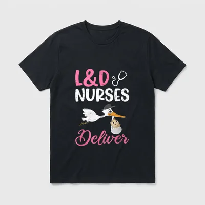 L D Nurses Deliver T-Shirt – L&D NURSES Deliver with stork carrying baby and stethoscope – Classic T-Shirt in Black
