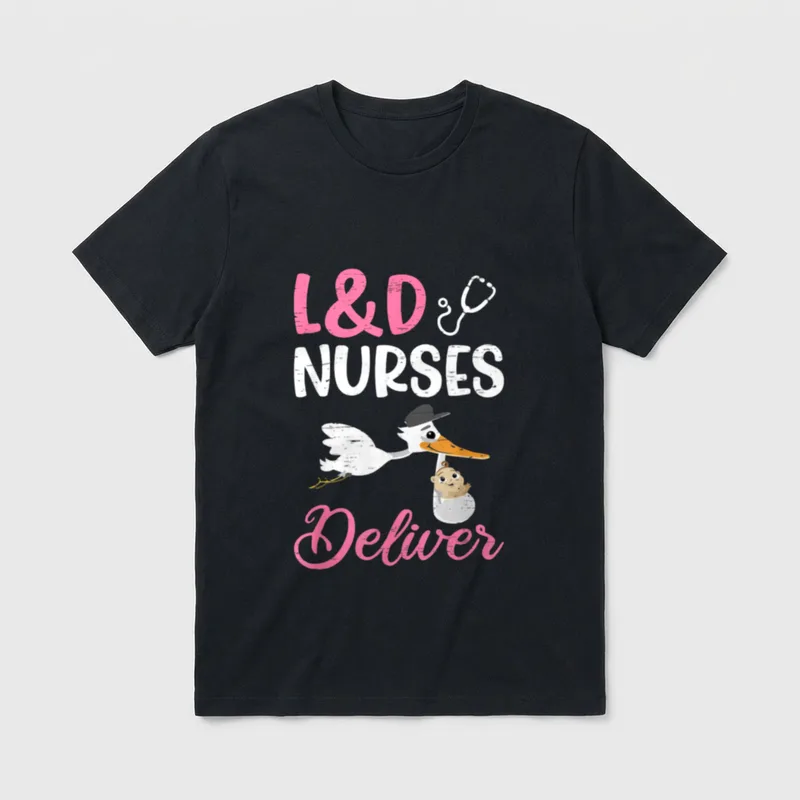 L D Nurses Deliver T-Shirt – L&D NURSES Deliver with stork carrying baby and stethoscope – Classic T-Shirt in Black