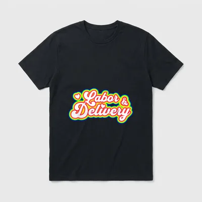 Labor and Delivery OB Nurse Retro T-Shirt – Labor & Delivery in white script with rainbow outlines – Classic T-Shirt in Black