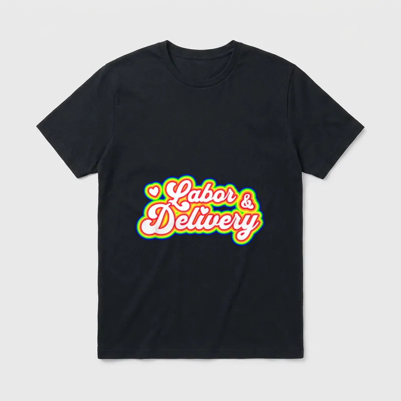 Labor and Delivery OB Nurse Retro T-Shirt – Labor & Delivery in white script with rainbow outlines – Classic T-Shirt in Black